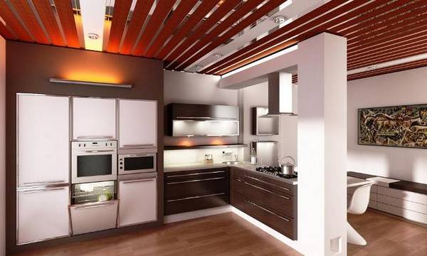 Особенности и варианты применения на кухне реечных навесных потолков с фото