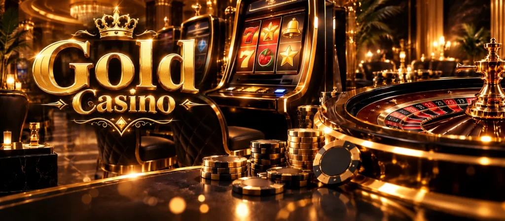 Gold Casino — золотой логотип казино на фоне игровых автоматов и рулетки